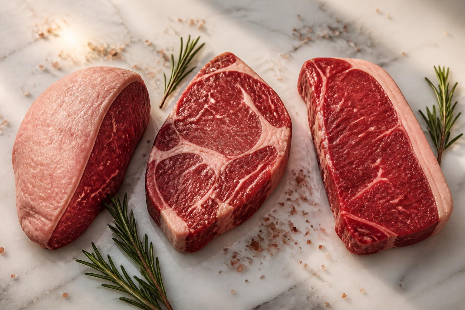 Cortes nobres de carne selecionados sobre mármore